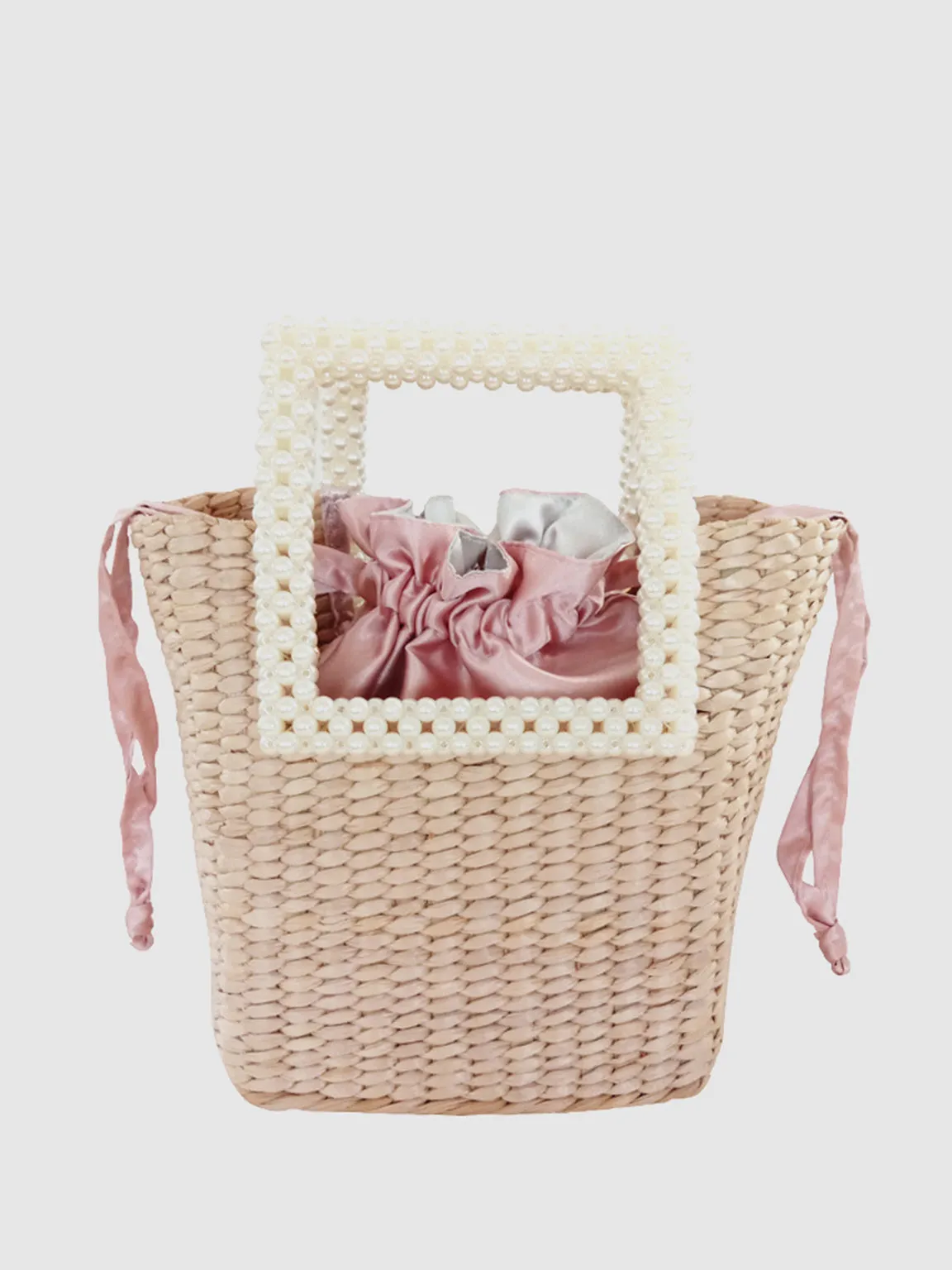 Women's Summer Straw Tote Basket Bag Open-top Bucket Handbag Pearl Embellishment Handles In Tan