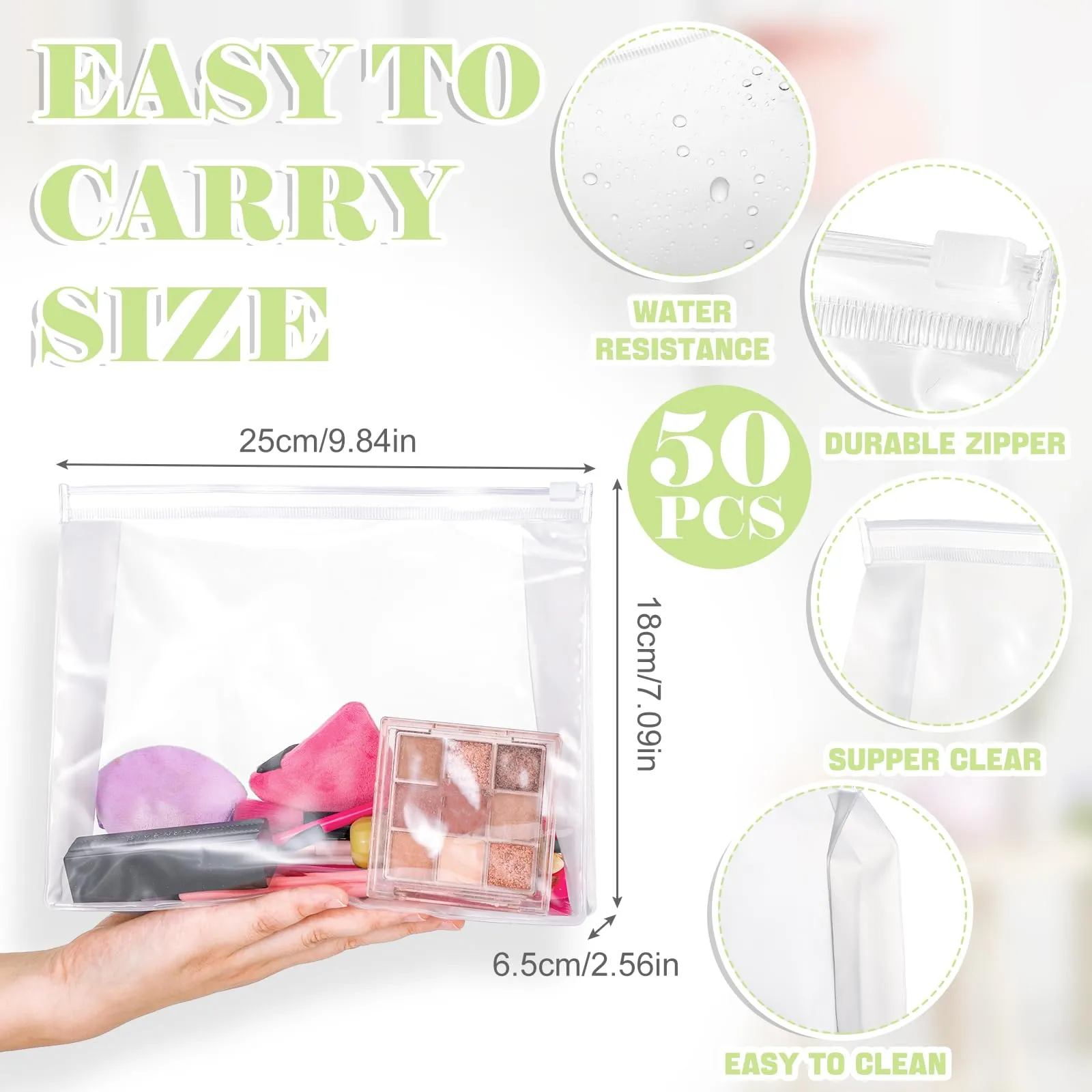 Xuniea 50 Pieces Mini Clear Makeup Bag Small Clear Zipper Pouch Travel Bag for Toiletries Plastic Cosmetic Organizer Waterproof for Women Men Vacation(9.8'',Transparent)
